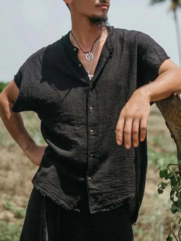 Stylish Men's Casual Short Sleeve Linen-Blend Cardigan - Lightweight Solid Color T-Shirt for Effortless Comfort and Confidence - MENLL